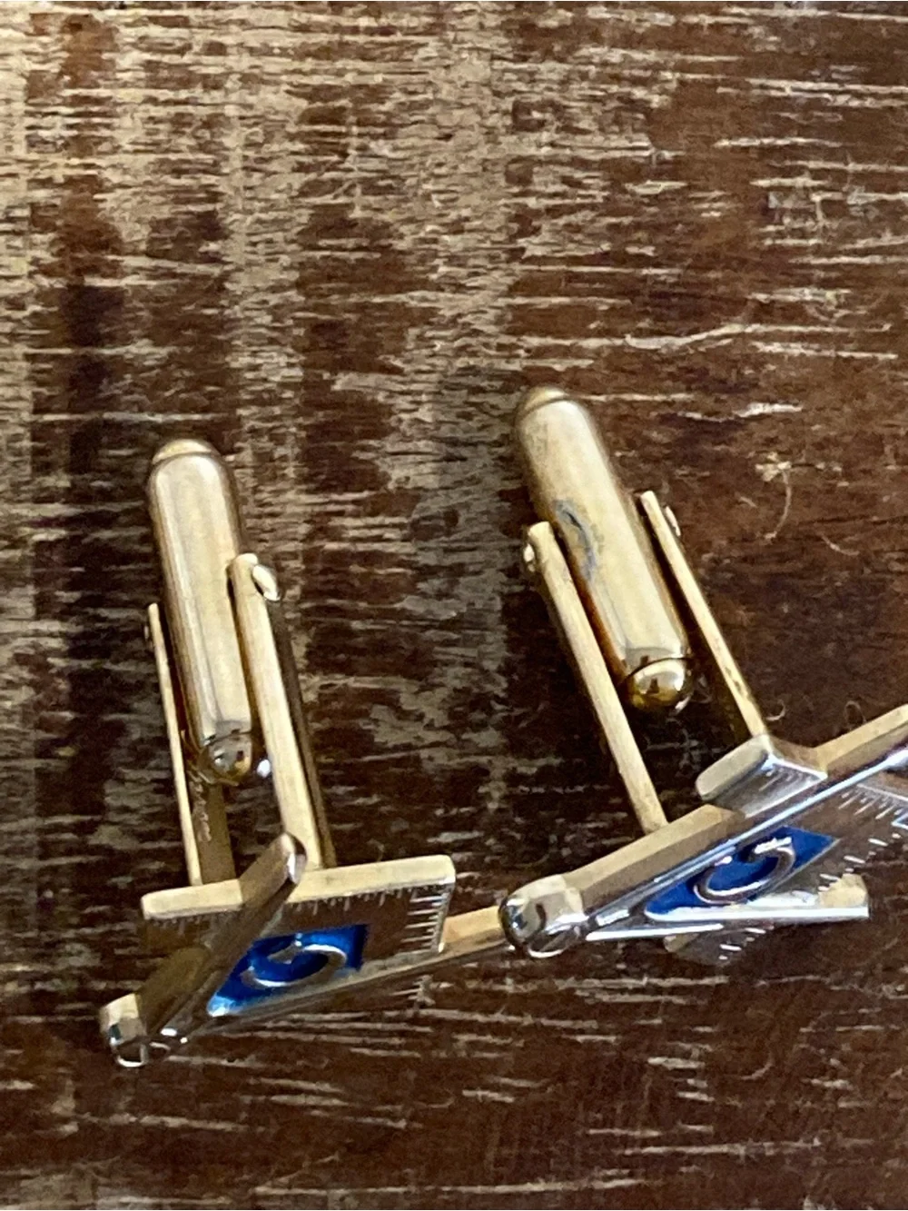 Vintage Masonic Square & Compass Cufflinks with Blue Enamel Gold Tone
